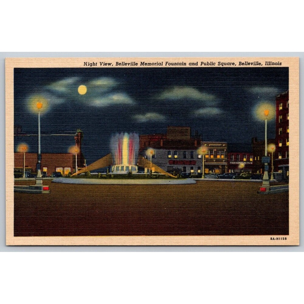 Vintage Linen Postcard Night View Belleville Memorial Fountain Public Square IL
